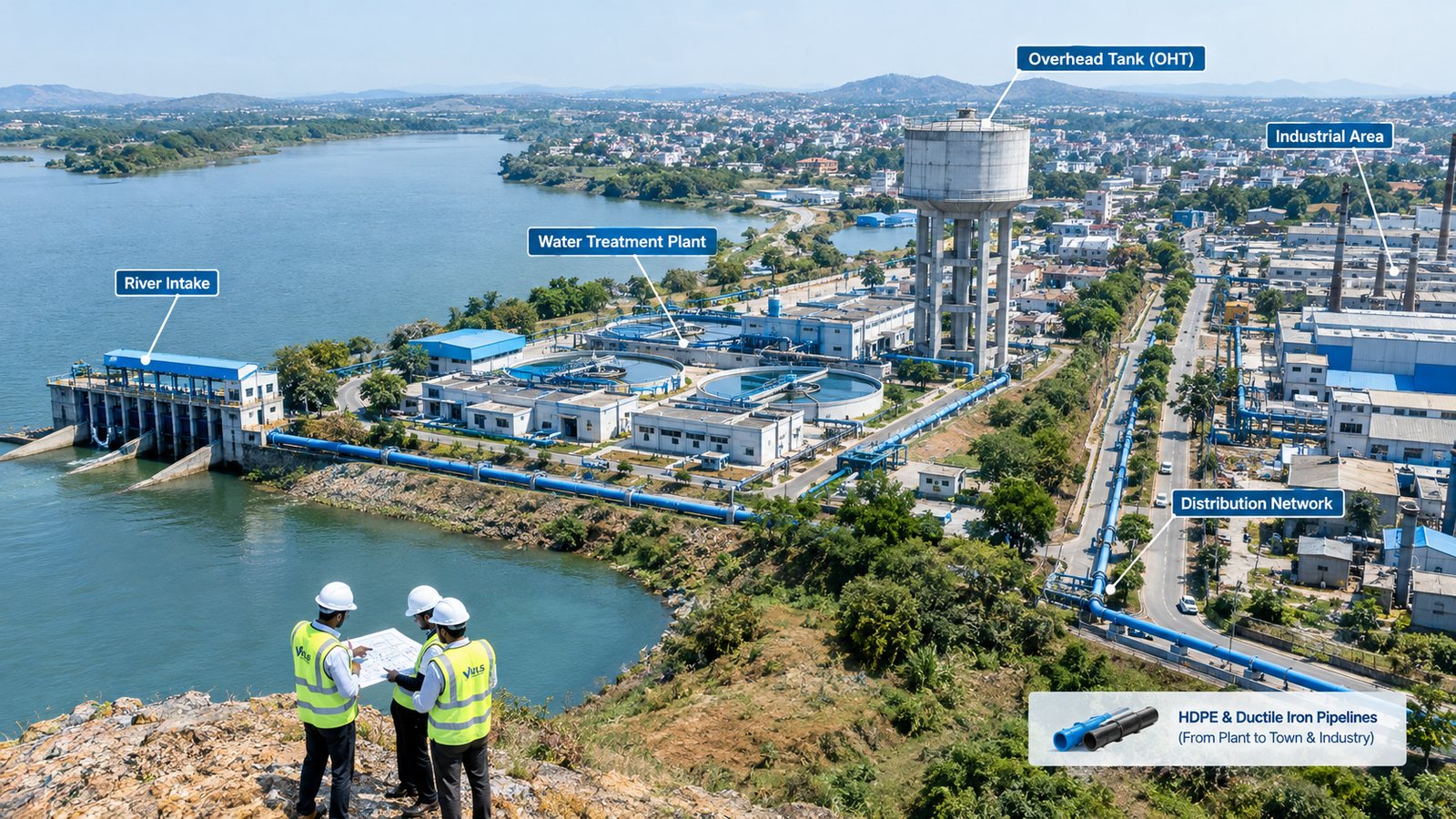 Aerial view of a water supply system: river intake, water treatment plant, overhead tank and distribution pipelines to town and industrial area
